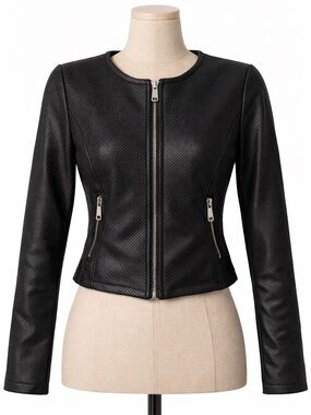 Italian Made Cropped Black Moto Jacket Textured Zip Up Size M
